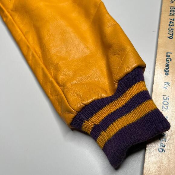 Vintage 80s Hunts Athletic Goods Varsity Letterman Jacket Purple Gold Wool Leath - Picture 8 of 12